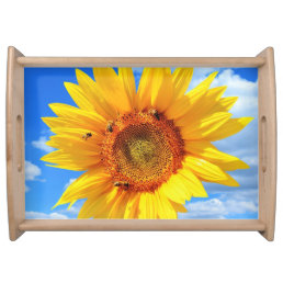 Yellow Sunflower and Bees on Blue Sky - Summer Day Serving Tray