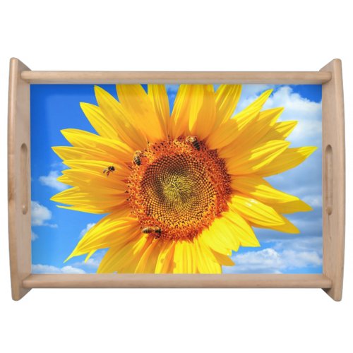 Yellow Sunflower and Bees on Blue Sky _ Summer Day Serving Tray