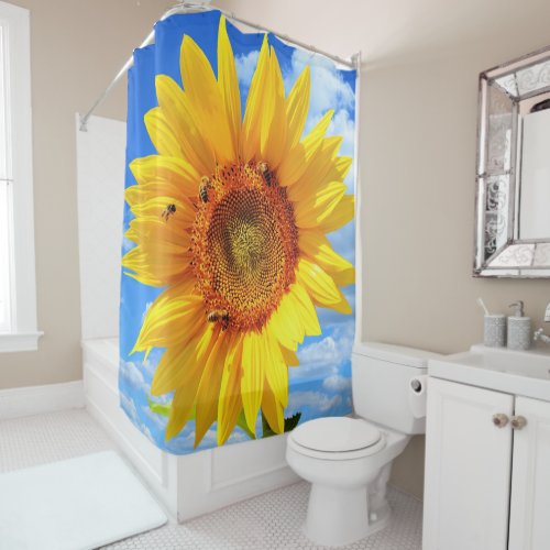 Yellow Sunflower and Bees on Blue Sky _ Summer Day Shower Curtain