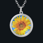 Yellow Sunflower and Bees on Blue Sky - Summer Day Silver Plated Necklace<br><div class="desc">Yellow Sunflower and Bees on Blue Sky - Summer Day - Photo Flower Nature - You can also personalize - Choose / Add Your Unique Photo - Image / Text - Name / Color / Font / Size / more - Make Your Special Gift - Resize and move or remove...</div>