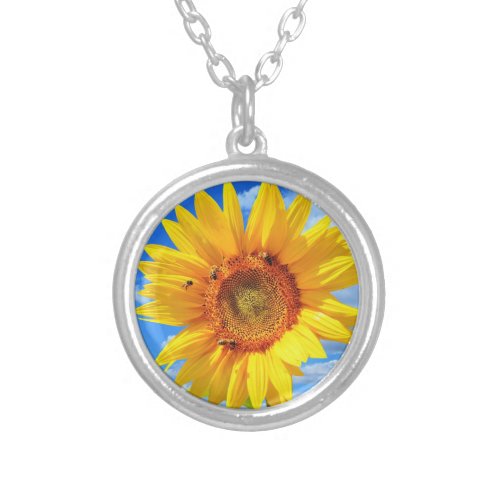 Yellow Sunflower and Bees on Blue Sky _ Summer Day Silver Plated Necklace