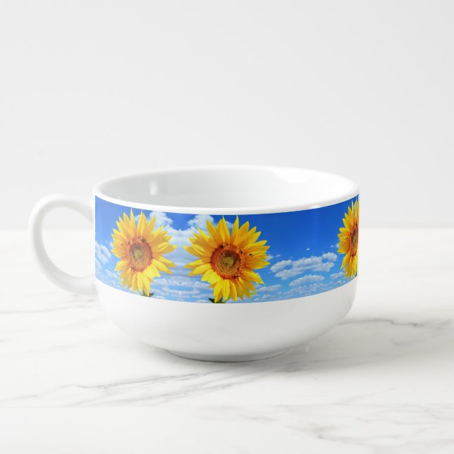 Yellow Sunflower and Bees on Blue Sky - Summer Day Soup Mug (Right)