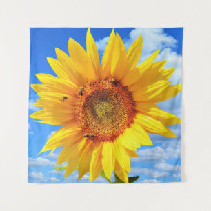 Yellow Sunflower and Bees on Blue Sky - Summer Day Tapestry
