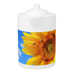 Yellow Sunflower and Bees on Blue Sky - Summer Day Teapot