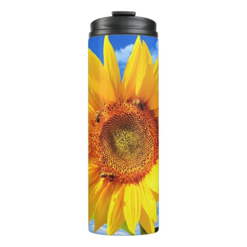 Yellow Sunflower and Bees on Blue Sky _ Summer Day Thermal Tumbler