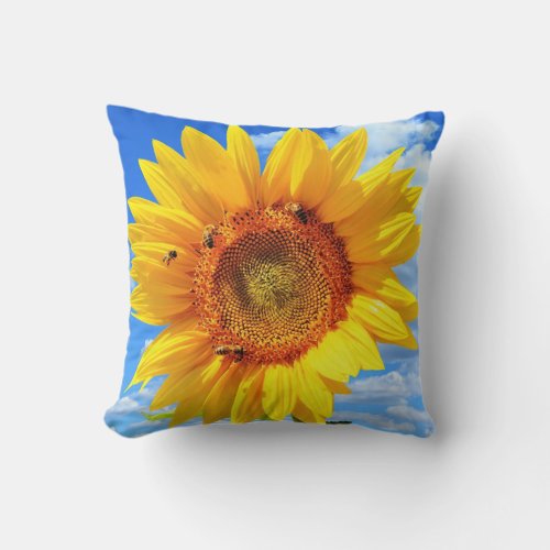 Yellow Sunflower and Bees on Blue Sky _ Summer Day Throw Pillow