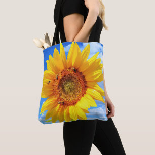 Yellow Sunflower and Bees on Blue Sky - Summer Day Tote Bag