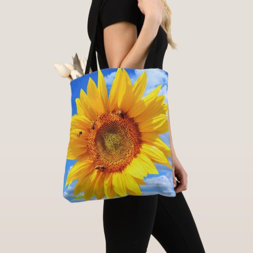 Yellow Sunflower and Bees on Blue Sky _ Summer Day Tote Bag