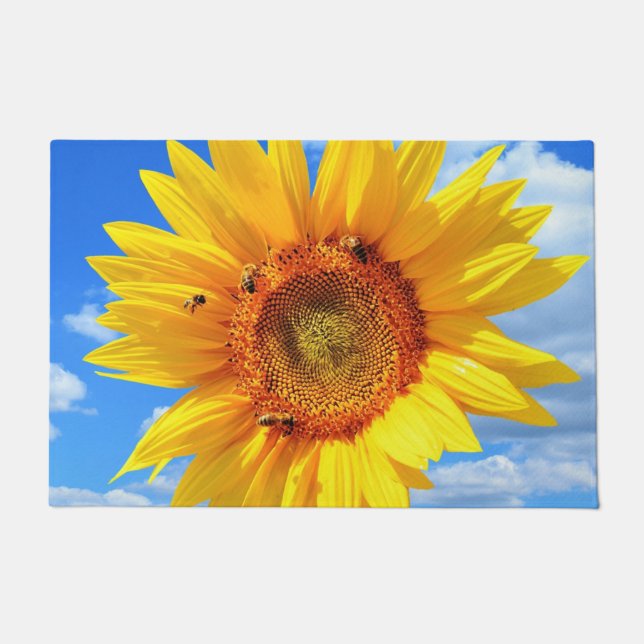 Yellow Sunflower and Bees on Blue Sky - Summer Doormat (Front)