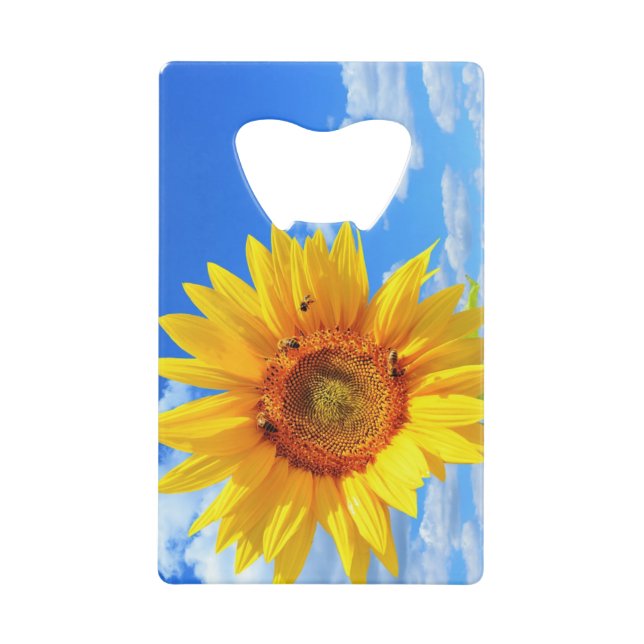 Yellow Sunflower and Bees on Blue Sky - Summer Joy Credit Card Bottle Opener (Front)