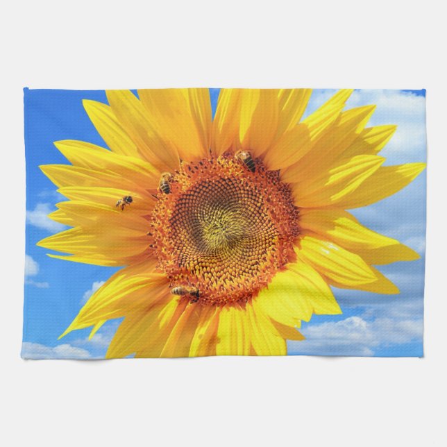 Yellow Sunflower and Bees on Blue Sky - Summer  Kitchen Towel (Horizontal)
