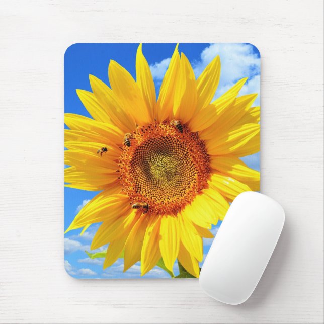 Yellow Sunflower and Bees on Blue Sky - Summer Mouse Pad (With Mouse)