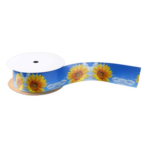 Yellow Sunflower and Bees on Blue Sky _ Summer  Satin Ribbon