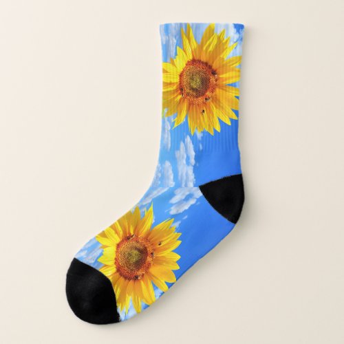 Yellow Sunflower and Bees on Blue Sky _ Summer Socks