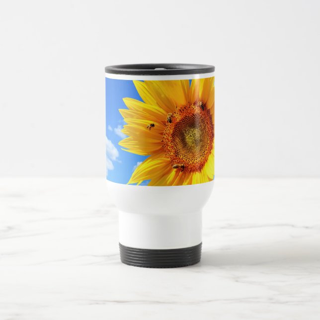 Yellow Sunflower and Bees on Blue Sky - Summer  Travel Mug (Center)