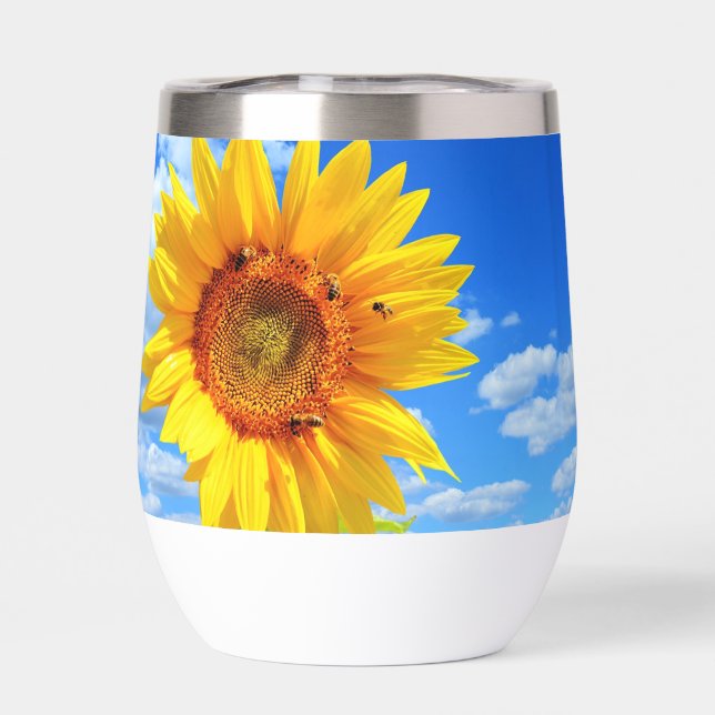 Yellow Sunflower and Bees on Blue Sky Thermal Wine Tumbler (Back)