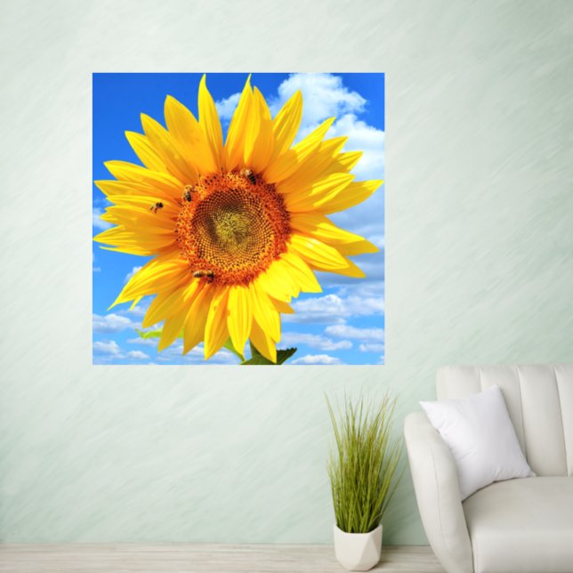 Yellow Sunflower and Bees on Blue Sky Wall Decal (Living Room)