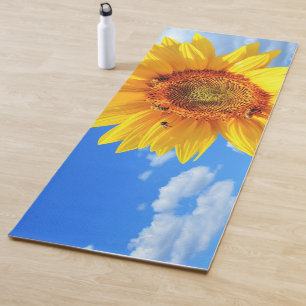 Yellow Sunflower and Bees on Blue Sky Yoga Mat