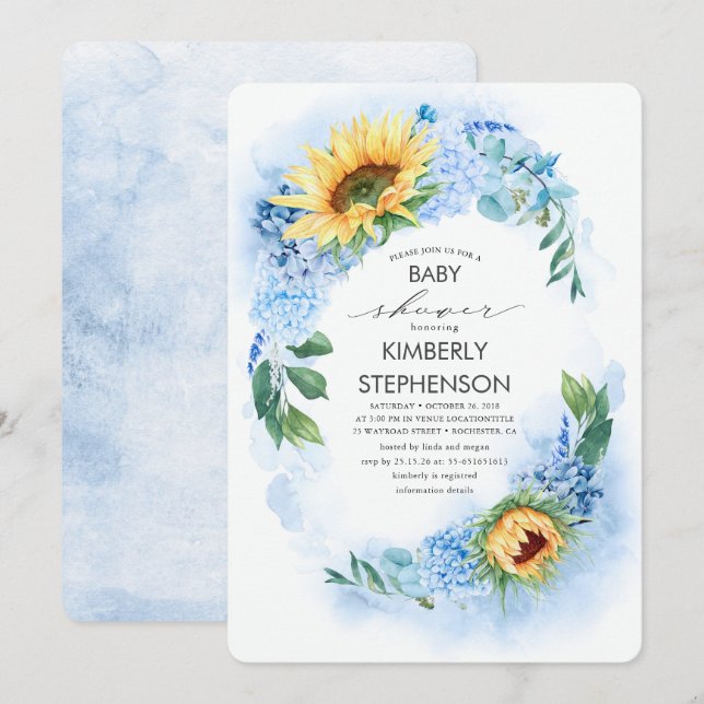 Yellow Sunflower and Blue Hydrangea Baby Shower Invitation (Front/Back)