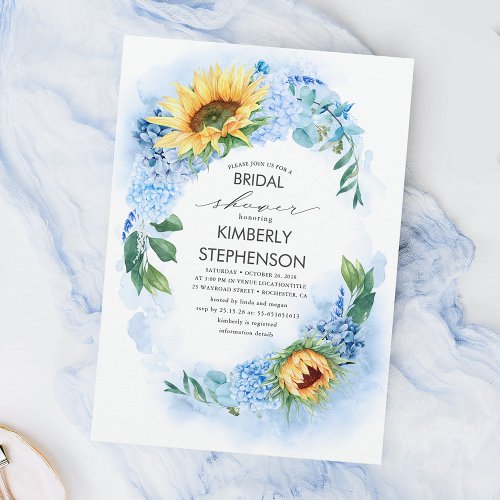 Yellow Sunflower and Blue Hydrangea Bridal Shower Invitation