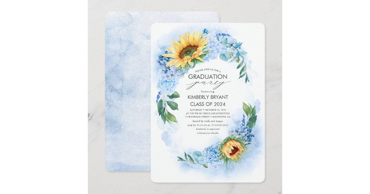 Yellow Sunflower and Blue Hydrangea Graduation Invitation | Zazzle