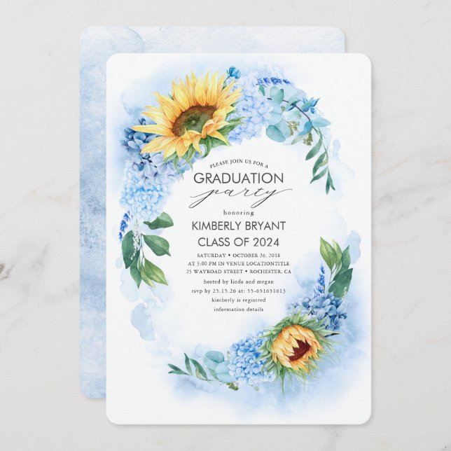 Yellow Sunflower and Blue Hydrangea Graduation Invitation (Front/Back)