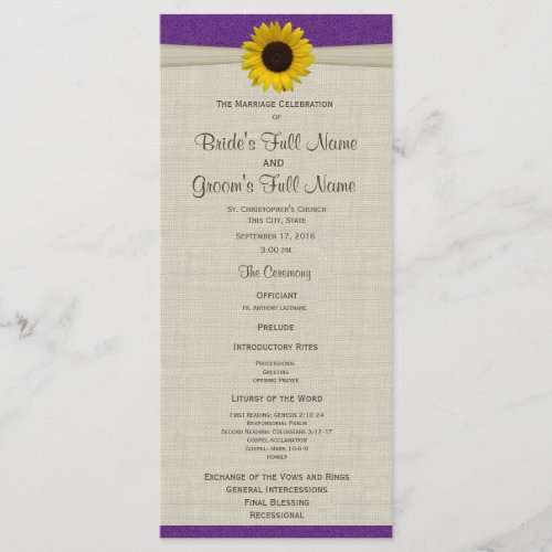 Yellow Sunflower and Burlap Purple Wedding Program