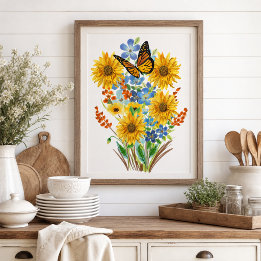 Yellow Sunflower and Butterfly Bouquet  Faux Canvas Print