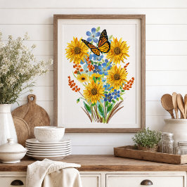 Yellow Sunflower and Butterfly Bouquet  Faux Canvas Print