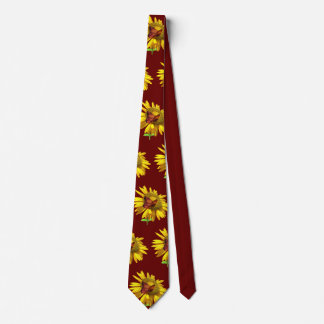 Yellow Sunflower and Butterfly on Red Background Neck Tie