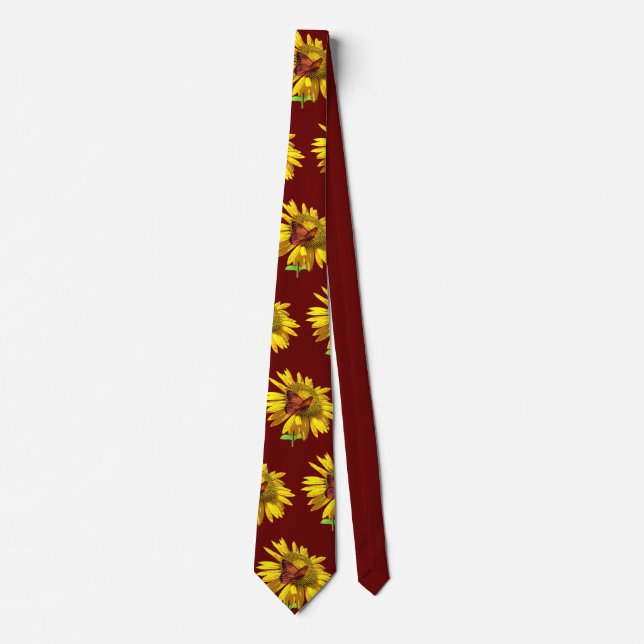 Yellow Sunflower and Butterfly on Red Background Neck Tie (Front)