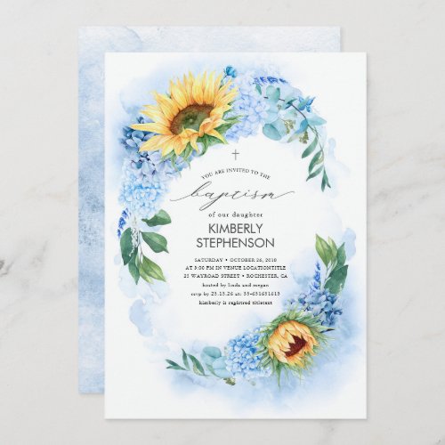 Yellow Sunflower and Dusty Blue Hydrangea Baptism Invitation