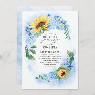 Yellow Sunflower and Dusty Blue Hydrangea Birthday Invitation