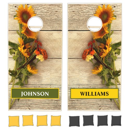 Yellow Sunflower and Orange Marigolds Rustic Wood Cornhole Set