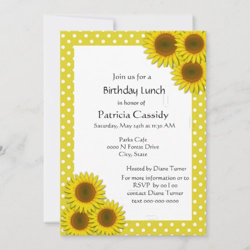 Yellow Sunflower and Polka Dots Brithday Lunch  Invitation