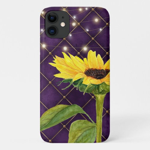 Yellow Sunflower and String Lights on Purple iPhone 11 Case