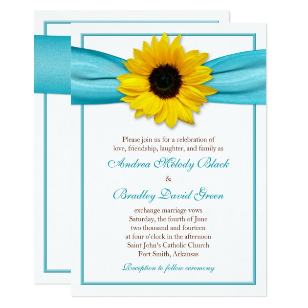 Yellow Sunflower Aqua Ribbon Wedding Invitation