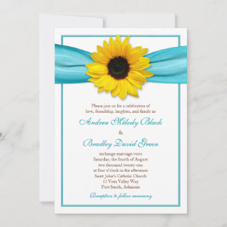 Yellow Sunflower Aqua Ribbon Wedding Invitation