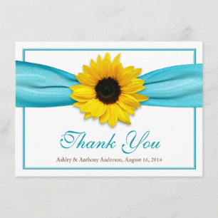 Yellow Sunflower Aqua Ribbon Wedding Thank You Card