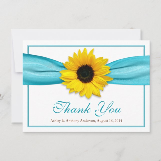 Yellow Sunflower Aqua Ribbon Wedding Thank You Card (Front)