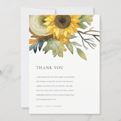 YELLOW SUNFLOWER AUTUMN WATERCOLOR FLORAL WEDDING THANK YOU CARD