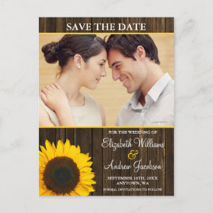 Yellow Sunflower Barn Wood Photo Save the Date Announcement Postcard