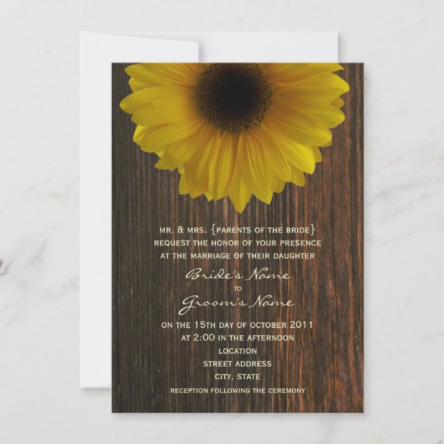 Yellow Sunflower & Barnwood Fall Wedding Invitation (Front)