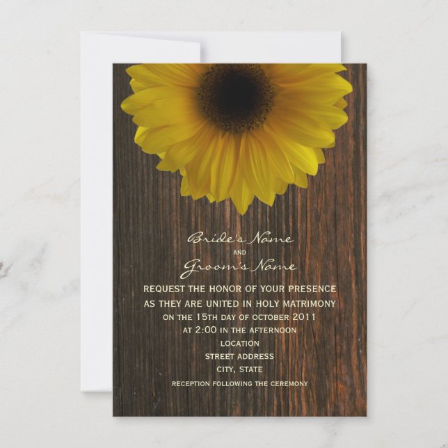 Yellow Sunflower & Barnwood Fall Wedding Invitation (Front)