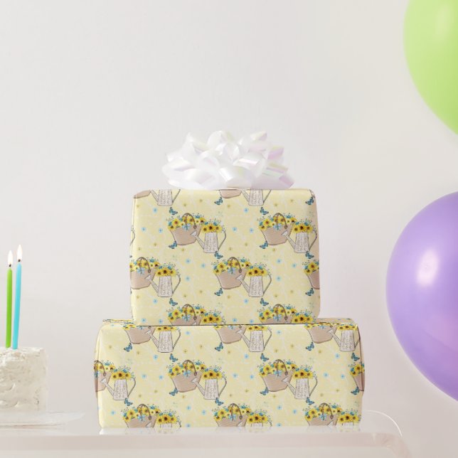 Yellow Sunflower Basket Watering Can Wrapping Paper (Party Gifts)