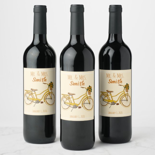 Yellow Sunflower Bike Wine Label (Bottles)