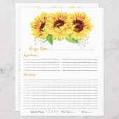 Yellow Sunflower Binder Recipe Inserts (Front/Back)