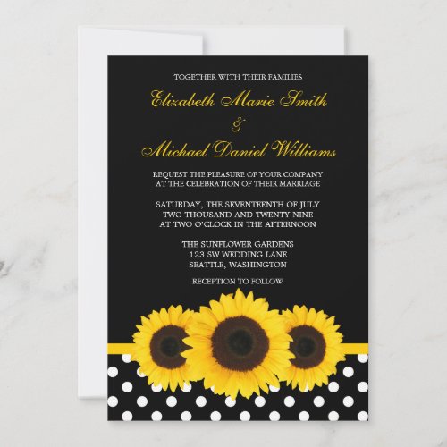 Yellow Sunflower Black and White Polka Dot Wedding Invite