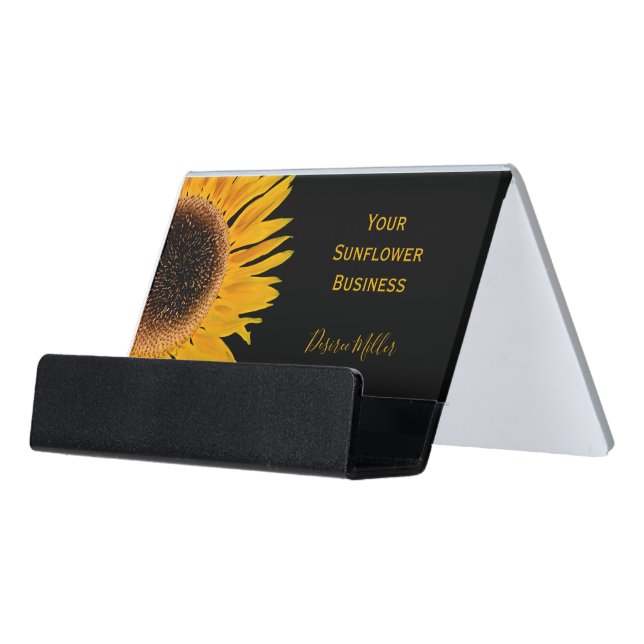 Yellow Sunflower Black Background Country Rustic Desk Business Card Holder (Angled Front)