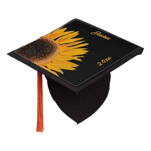 Yellow Sunflower Black Background Country Rustic Graduation Cap Topper